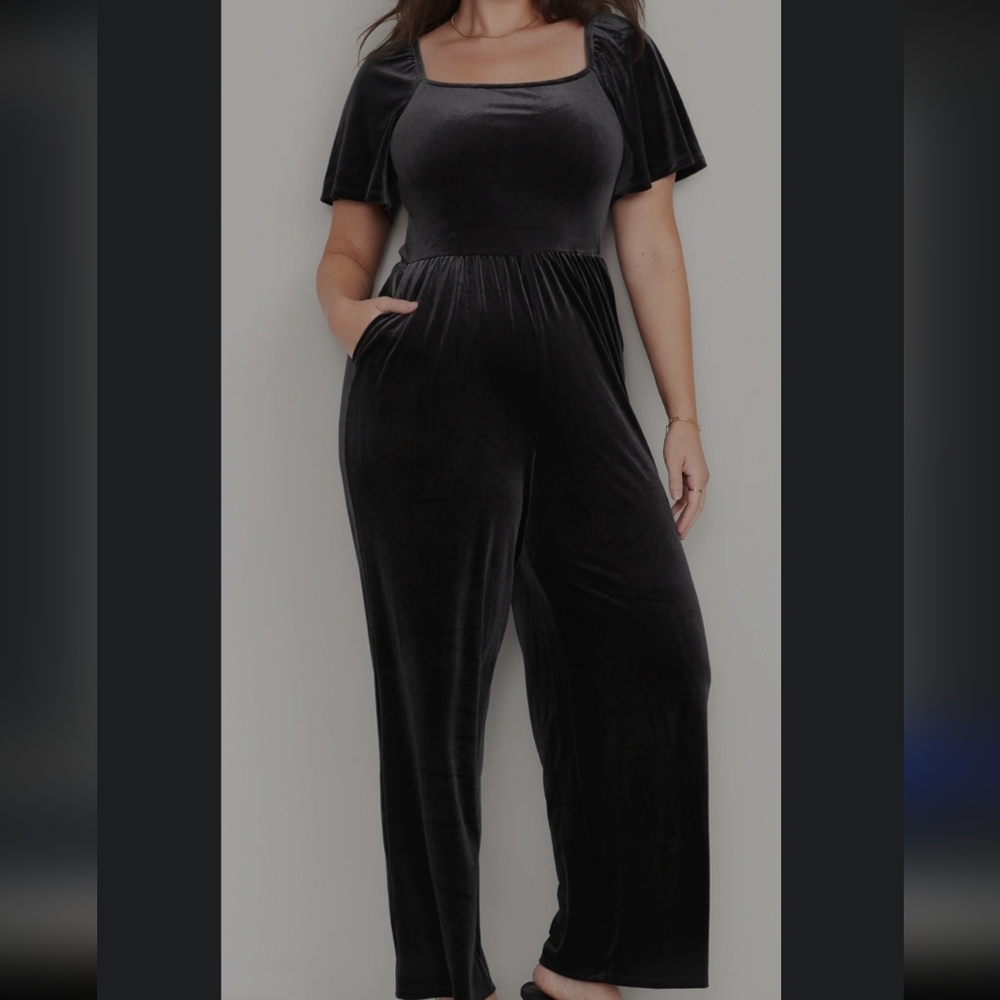 Old Navy Plus Size Velvet Velour Milkmaid Square Neck Jumpsuit XXL Black